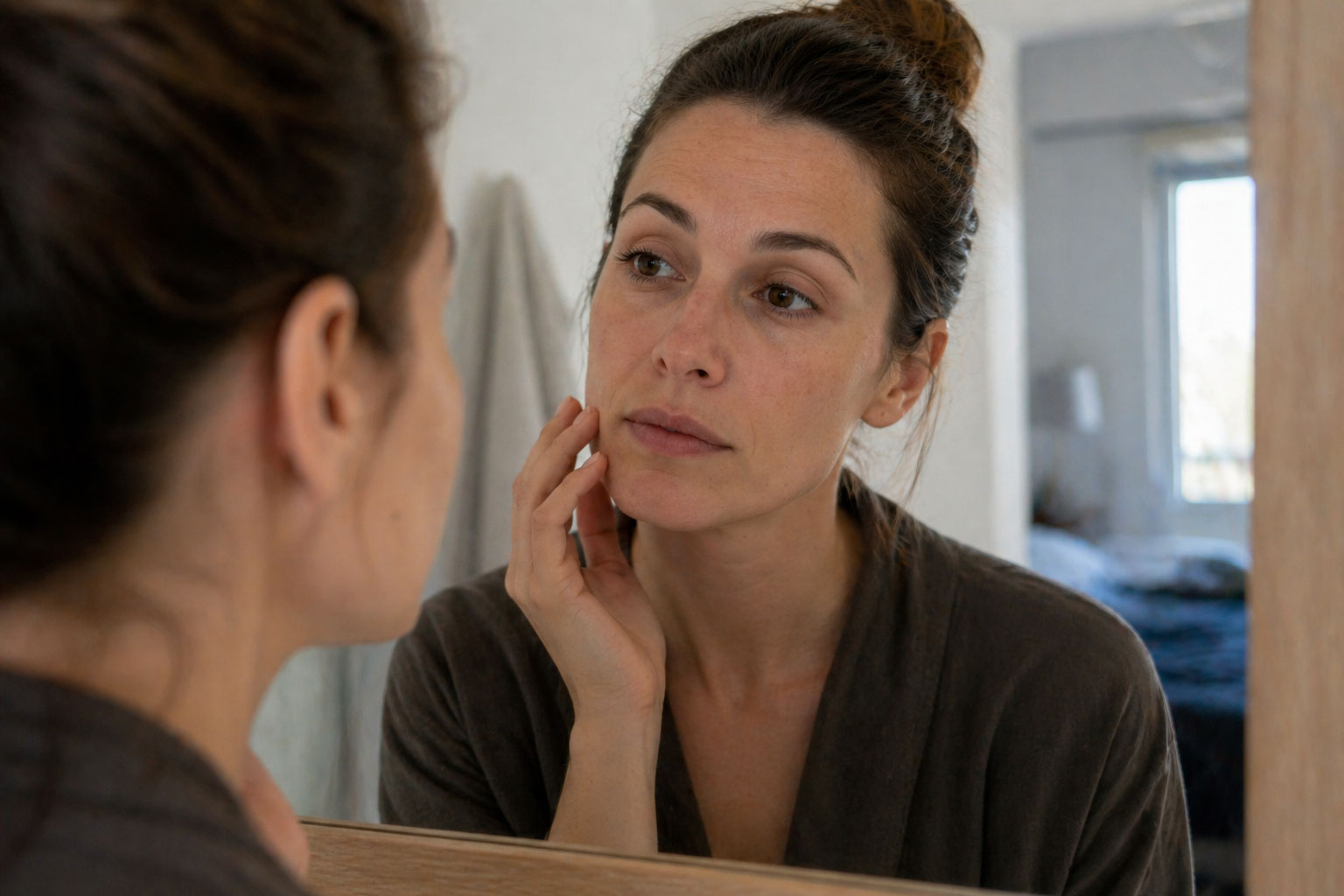 Femme se regardant dans le miroir et réfléchissant à l’âge pour commencer la médecine esthétique