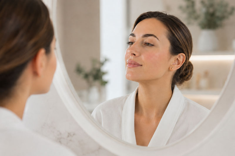 Femme observant sa peau dans un miroir après un soin esthétique